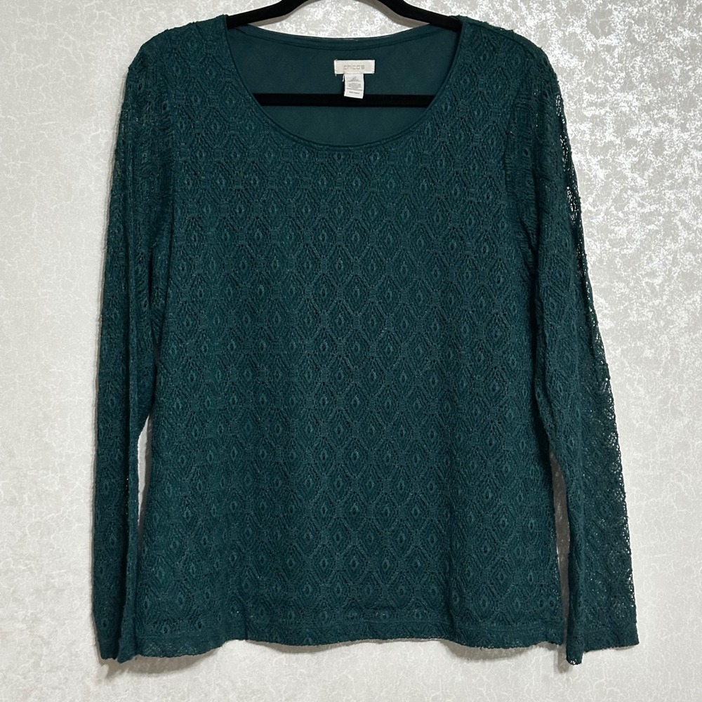 Chico's Lace Overlay Knit Sheer Long Sleeve Top Teal‎ Green Shirt Casual Sz 2 L